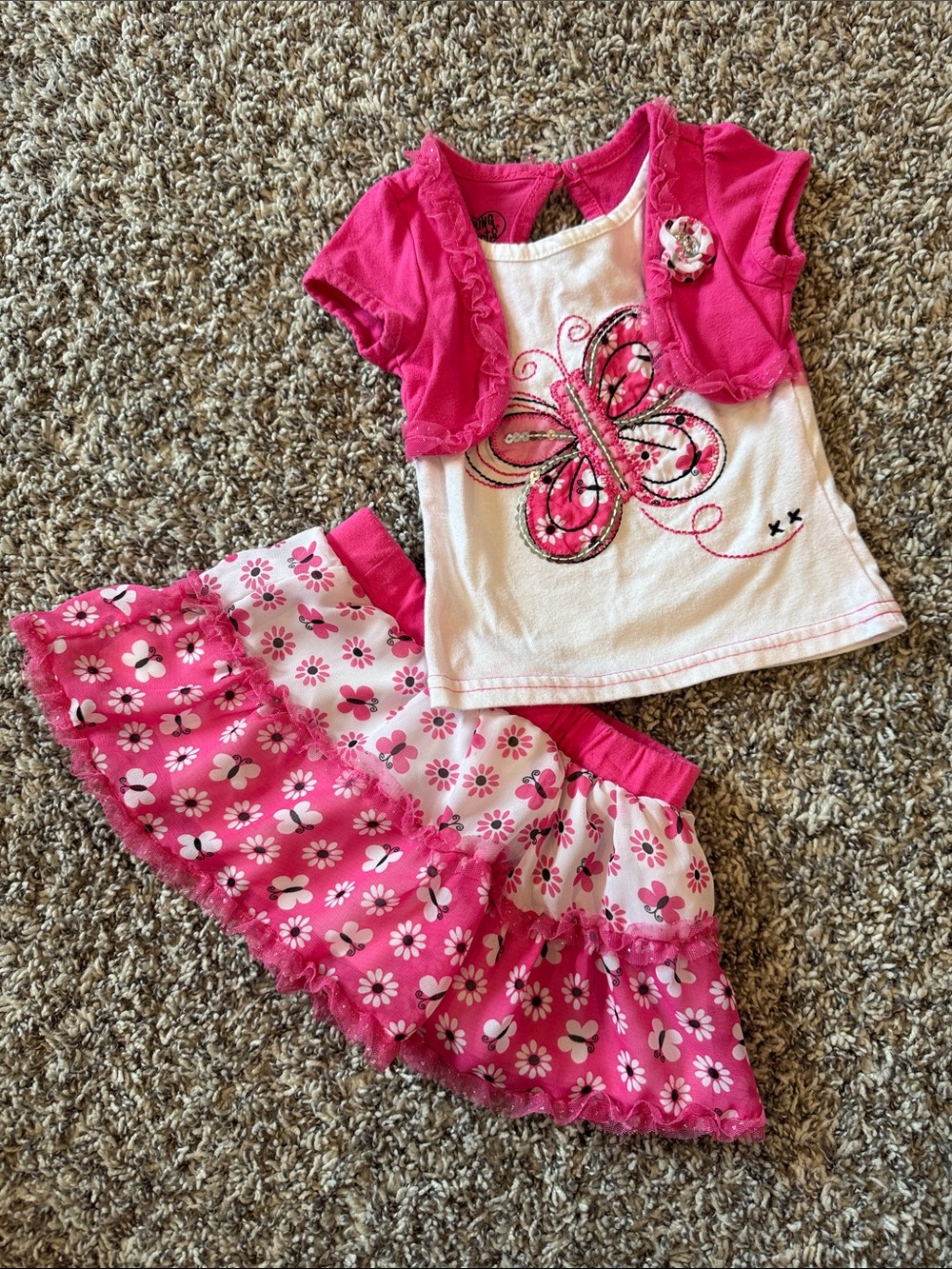 Girls Pink Butterfly Matching Set - Top and Skirt